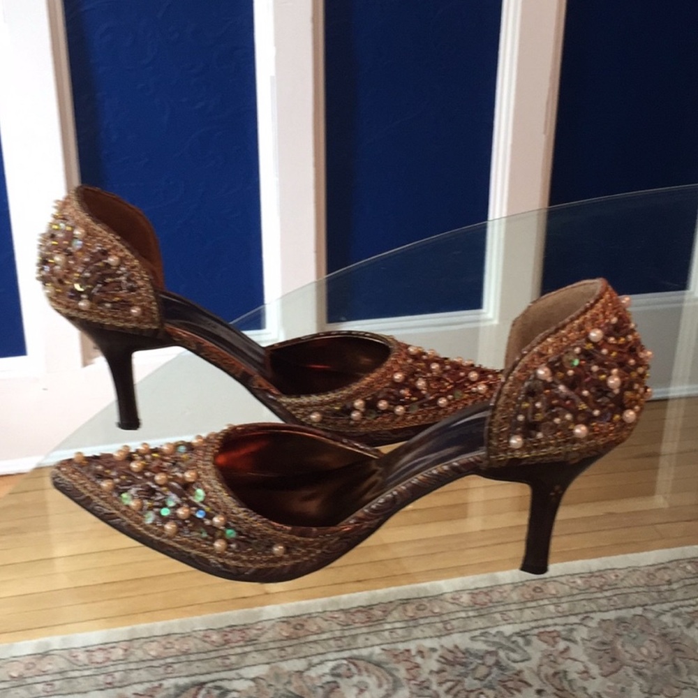 Sequence pearls beaded gold pumps heels shoes